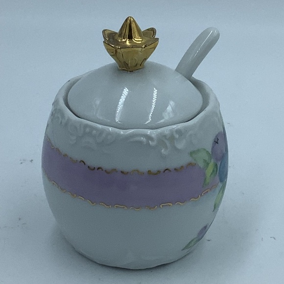 Vintage Hand Painted Berries Covered Jam  Jar with Spoon - Picture 6 of 10